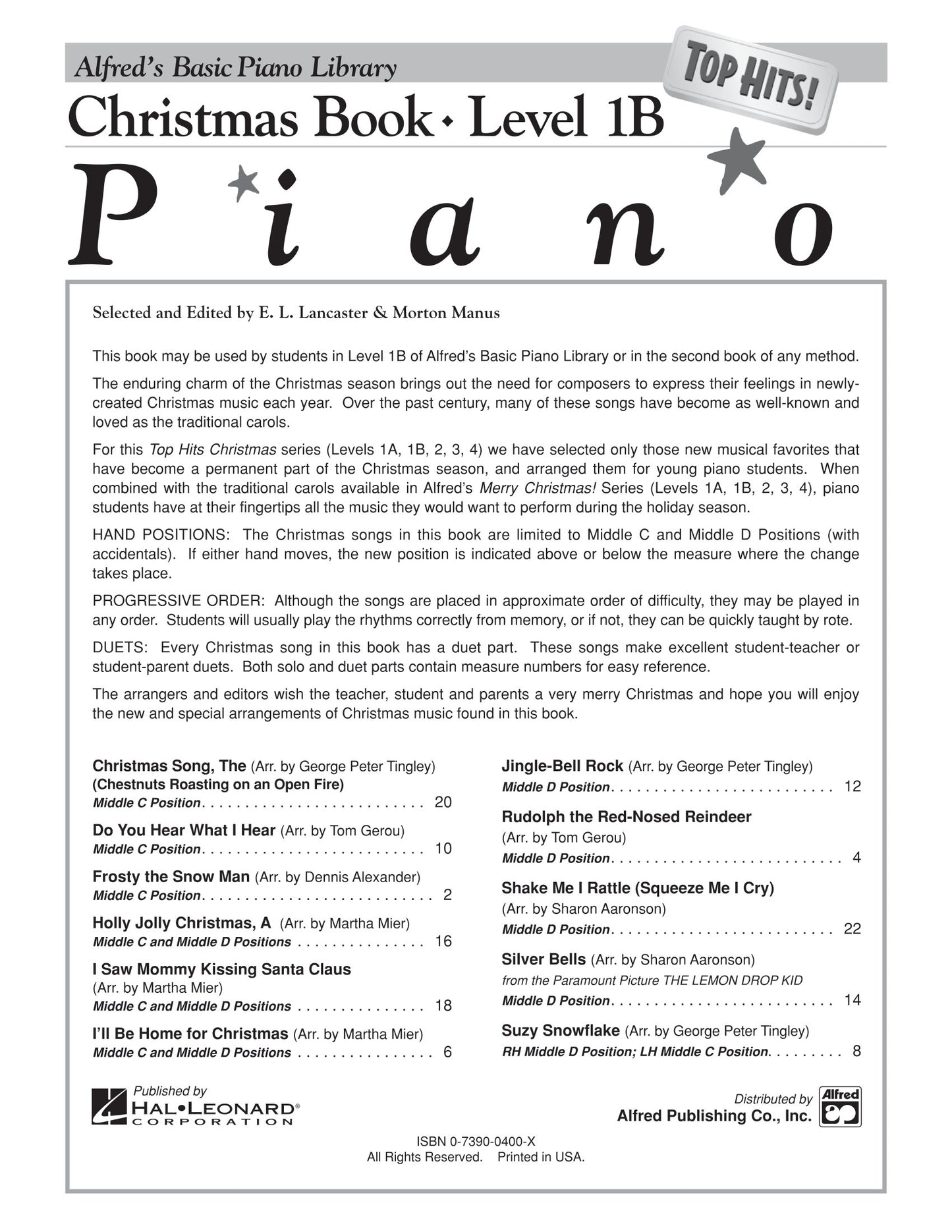 Alfred's Basic Piano Library Top Hits Christmas Level 1B