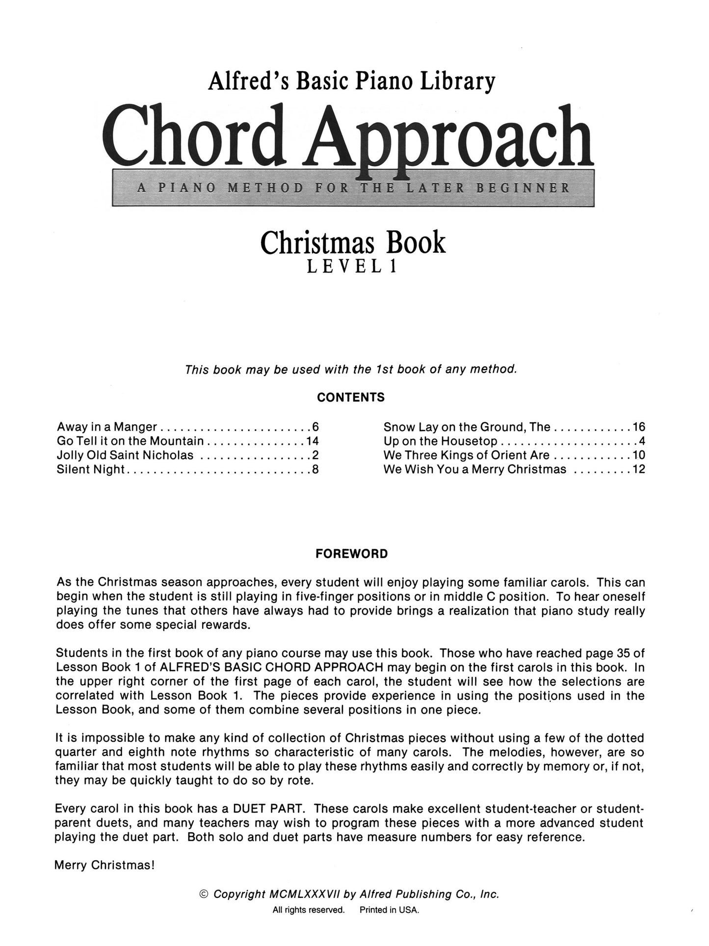 Alfred's Basic Piano Library - Chord Approach Christmas Book Level 1